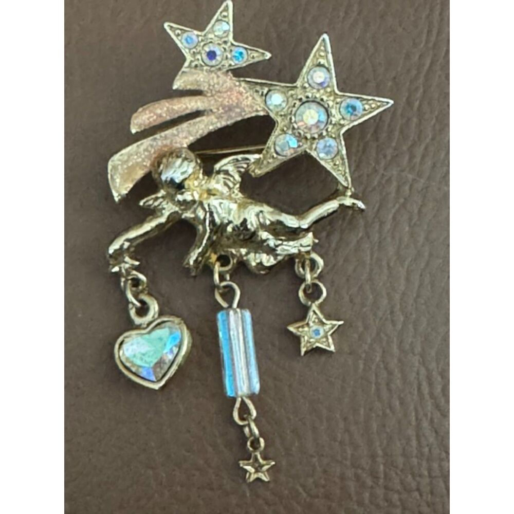 Signed Kirk's Folly Goldtone, AB rhinestone cherub, angel, heart brooch.